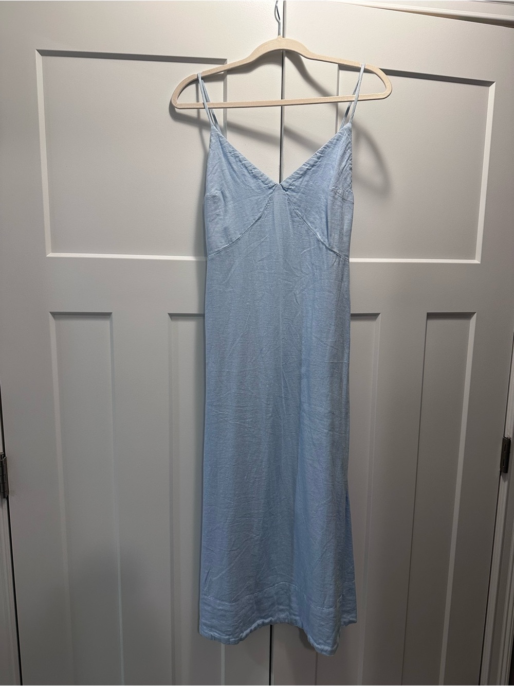 Free People Pale Blue Linen Blend Slip Dress with Tie Spaghetti Straps